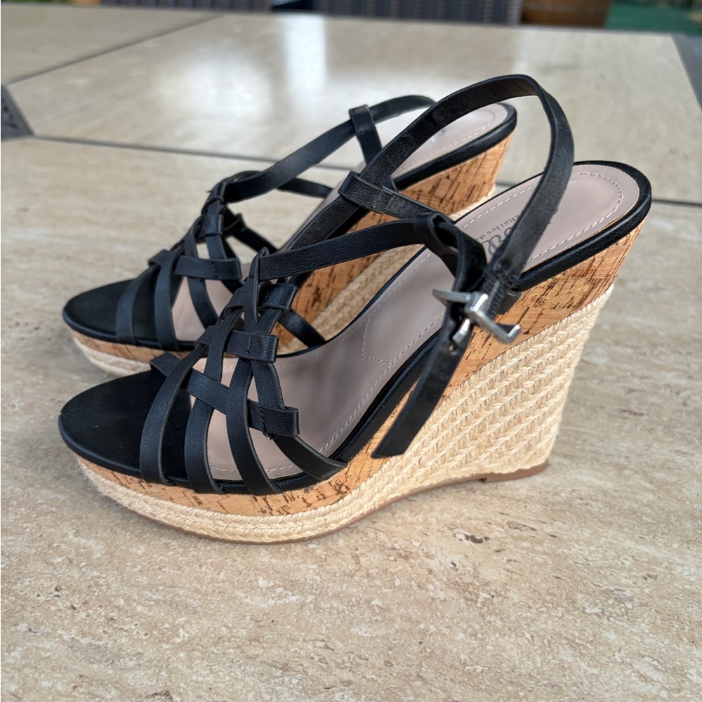 Charles David Black Strappy Cork Wedge Sandals